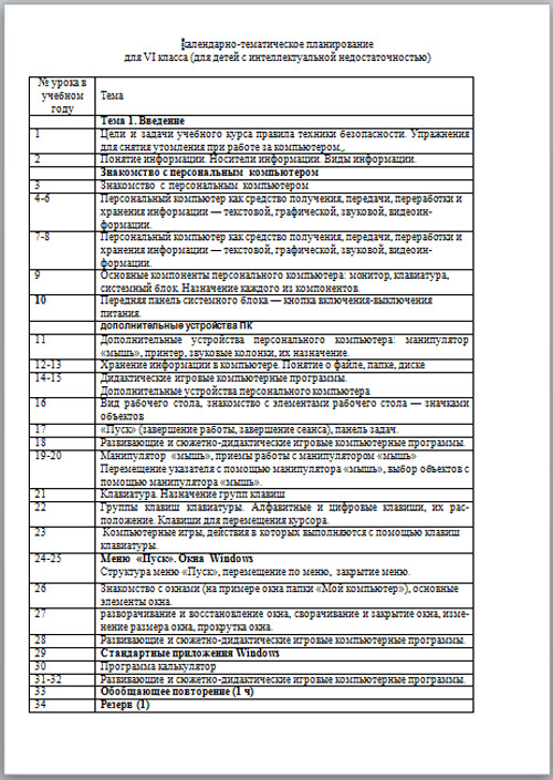 Поурочный план по информатике