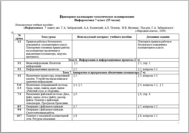 Календано-тематическое планирование по информатике на 2009-2010 учебный год 7 класс