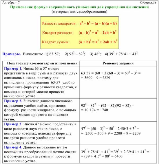 Формулы сокращенного умножения