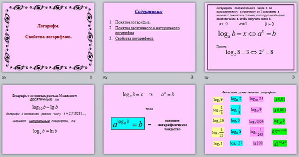 Презентация Логарифм. Свойства логарифма