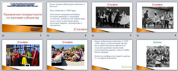 презентация для классного часа Проявление толерантности на примере субкультур