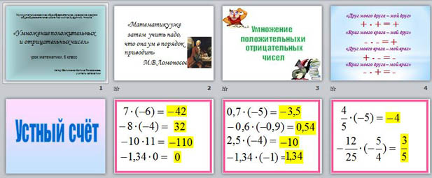 презентация по математике Умножение положительных и отрицательных чисел