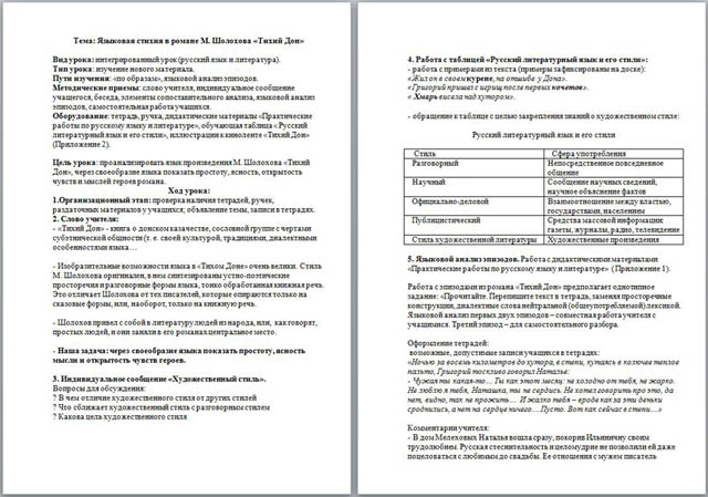 Интегрированный урок по русскому языку и литературе Языковая стихия в романе М. Шолохова Тихий Дон