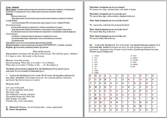 Конспект урока по английскому языку на тему Animals
