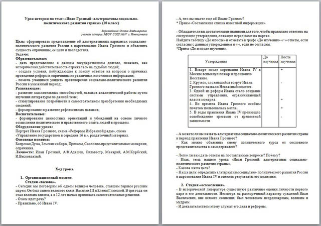 Урок истории по теме Иван Грозный: альтернативы социально-политического развития страны