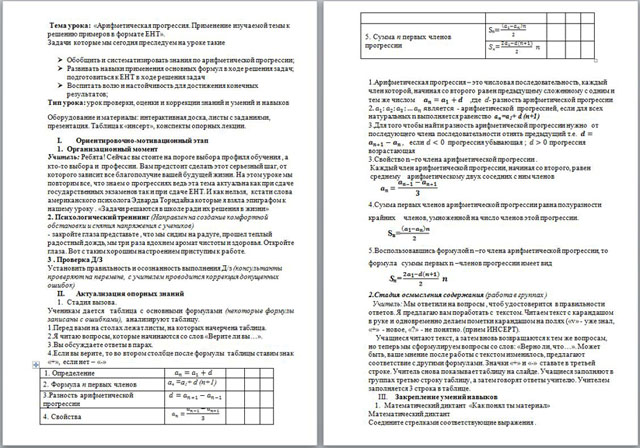 Урок математики Арифметическая прогрессия. Применение изучаемой темы к решению примеров в формате ЕНТ