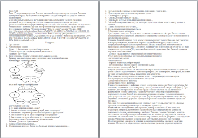 Конспект урока по биологии по теме Гуморальная регуляция. Влияние мышечной нагрузки на сердце и сосуды