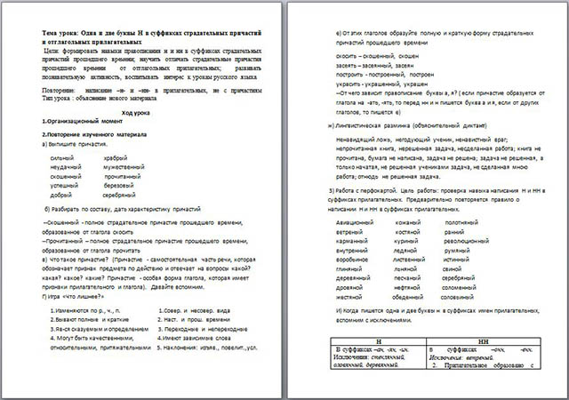 Конспект урока по русскому языку Одна и две буквы Н в суффиксах причастий прошедшего времени
