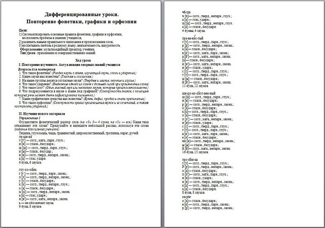 Конспект урока по русскому языку Дифференцированные уроки. Повторение фонетики, графики и орфоэпии