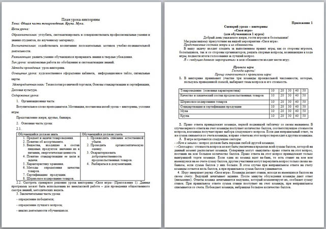 План проведения урока-викторины Своя игра с обучающимися по профессии: Продавец, контролер-кассир