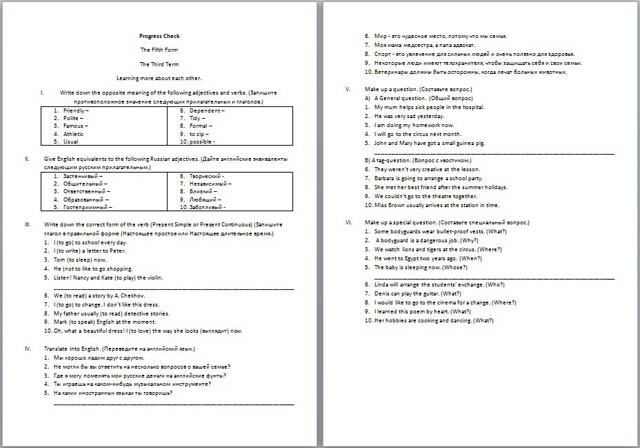 Проверочная работа по английскому языку Learning more about each other