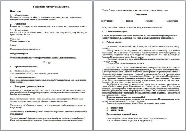 Конспект урока по русскому языку на тему Рассказ на основе услышанного