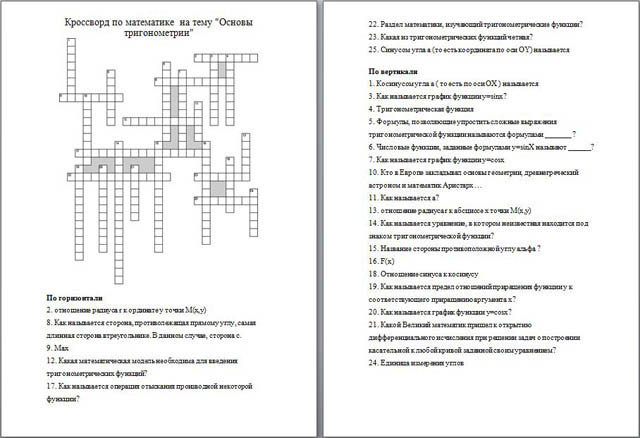 Кроссворд по математике Основы тригонометрии