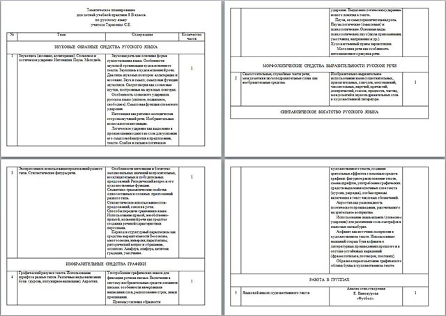 Тематическое планирование для летней учебной практики Изобразительные средства русского языка