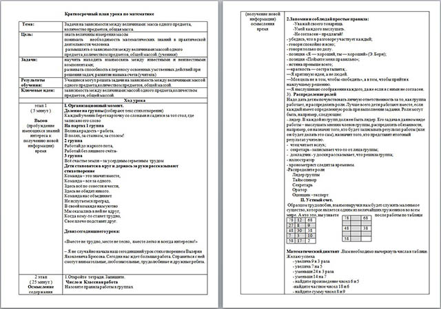 Краткосрочный план урока по математике для начальных классов на тему Задачи на зависимости между величинами: масса одного предмета, количество предметов, общая масса