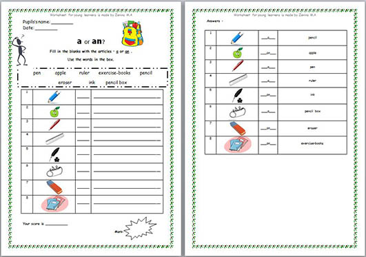 Материал по английскому языку для начальных классов Worksheet Articles