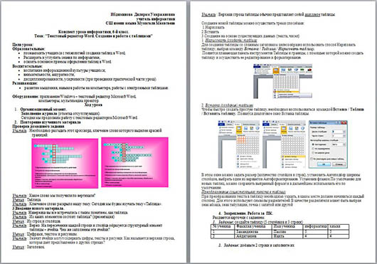 Конспект урока по информатике Текстовый редактор Word. Создание и работа с таблицами