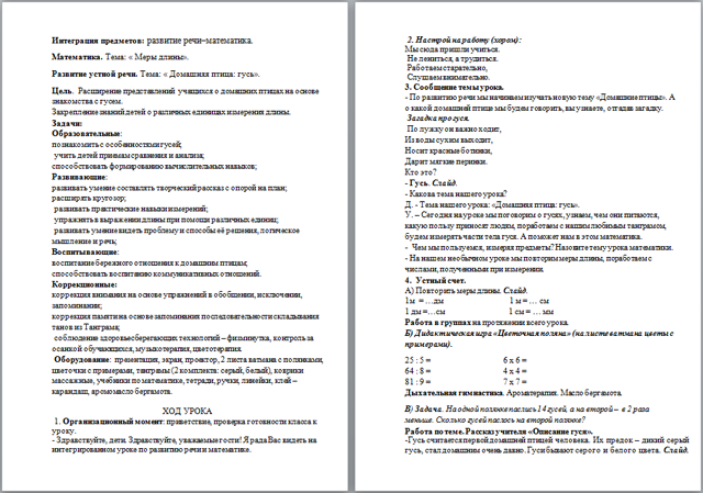 Интегрированный урок по развитию речи и математики для начальных классов Меры длины и Домашняя птица: гусь