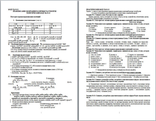 Материал по русскому языку Модуль Правописание окончаний различных частей речи