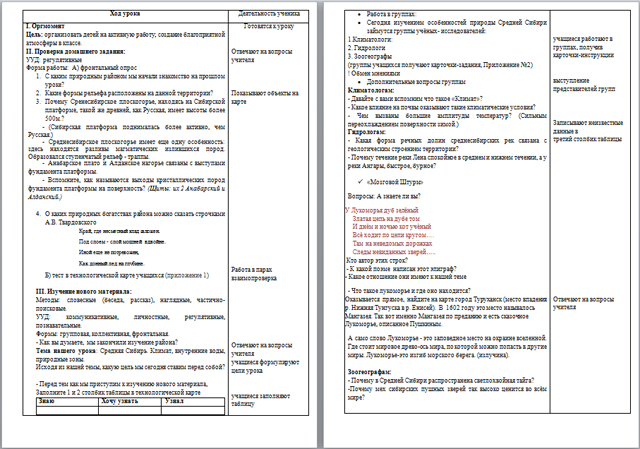 Разработка урока по географии Средняя Сибирь. Климат, внутренние воды и природные зоны