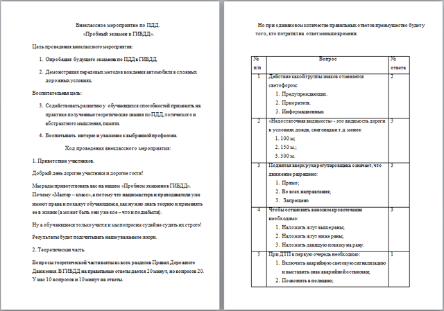 Открытое внеклассное мероприятие по правилам дорожного движения Пробный экзамен в ГИБДД