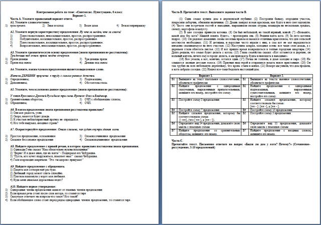 Контрольная работа по русскому языку Синтаксис. Пунктуация