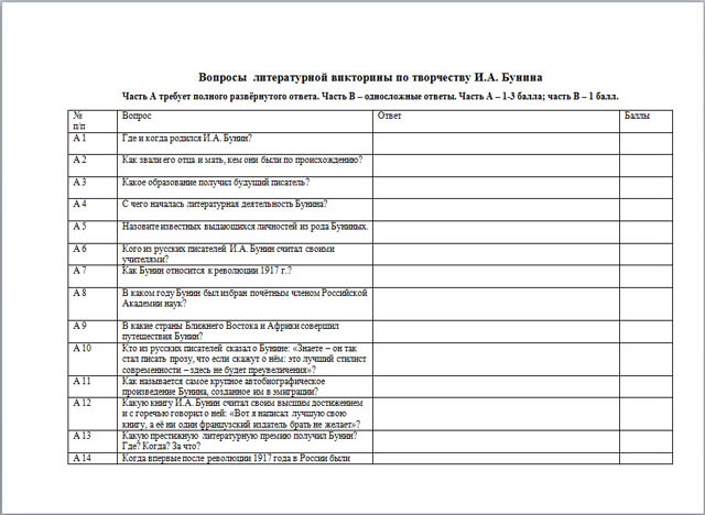 Викторина по творчеству И.А. Бунина