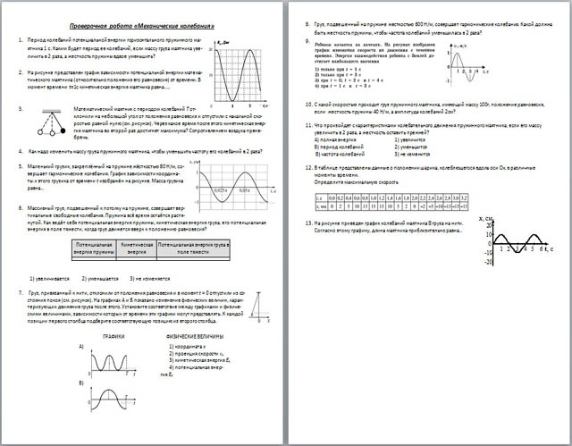 Проверочная работа по теме колебания 9 класс