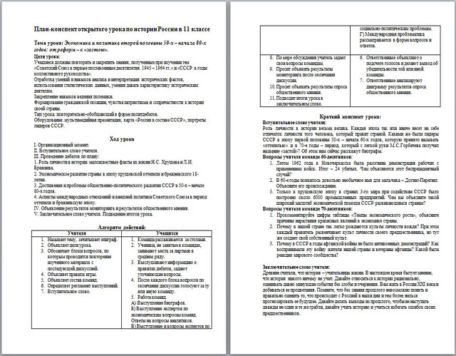 Разработка урока по обществознанию Экономика и политика второй половины 50-х – начала 80-х годов: от реформ – к застою