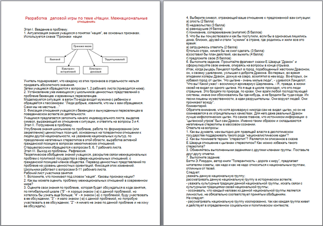 Разработка деловой игры по обществознанию Нации. Межнациональные отношения