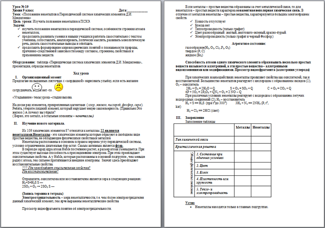 Конспект урока по химии Положение неметаллов в Периодической системе химических элементов Д.И. Менделеева