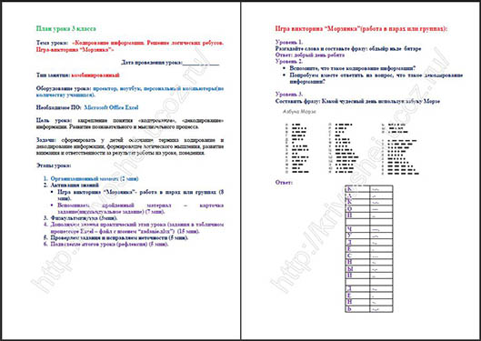 План урока по информатике для начальных классов Кодирование информации. Решение логических ребусов. Игра-викторина Морзянка