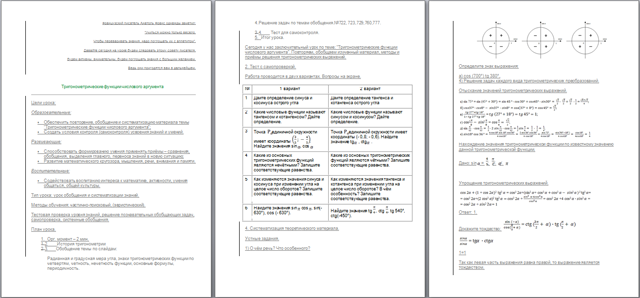 Конспект урока по математике Тригонометрические функции числового аргумента