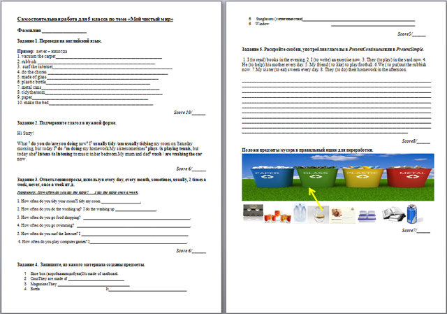 Самостоятельная работа по английскому языку Мой чистый мир