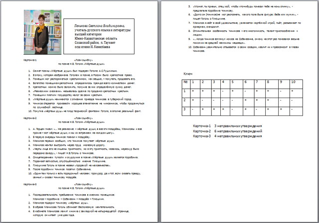 Проверочный материал по литературе Н.В. Гоголь Мёртвые души