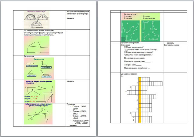 Конспект урока по математике Виды углов