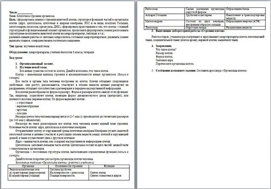 Разработка урока по биологии Клеточное строение организма