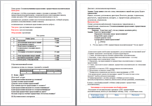 Конспект урока по русскому языку Сложноподчиненные предложения с придаточными изъяснительными