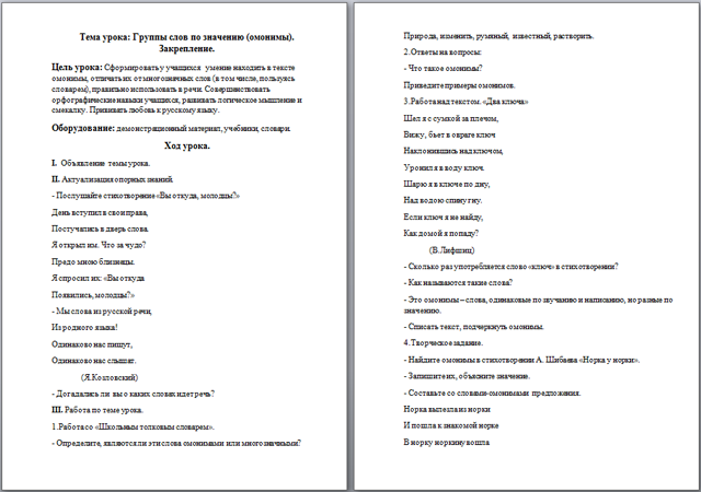 Разработка урока по русскому языку Группы слов по значению (омонимы). Закрепление