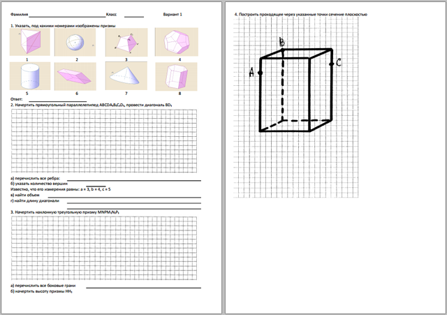 Начальные сведения из стереометрии. Многогранники. Призма (самостоятельная работа)