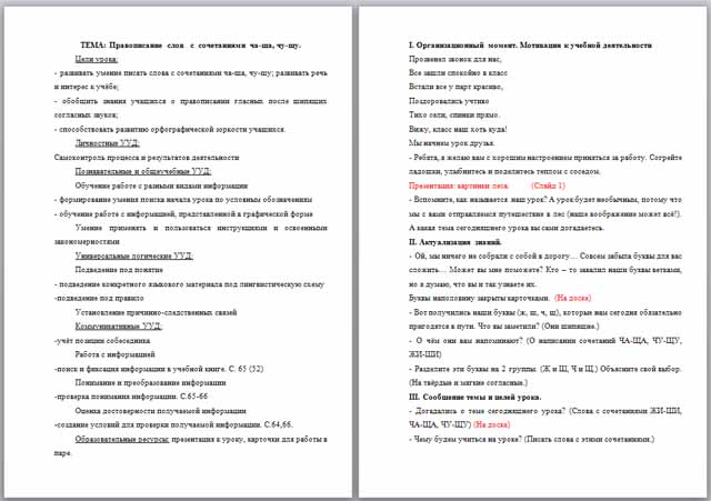 Правописание слов с сочетаниями ча-ща, чу-щу (конспект)