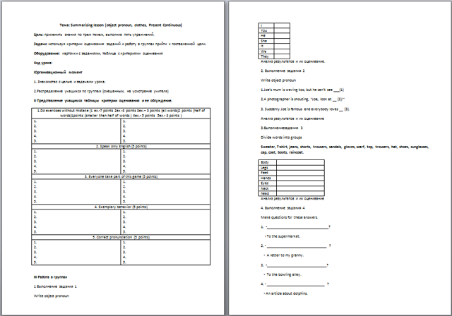 Summarizing lesson (object pronoun, clothes, Present Continuous) (разработка урока)