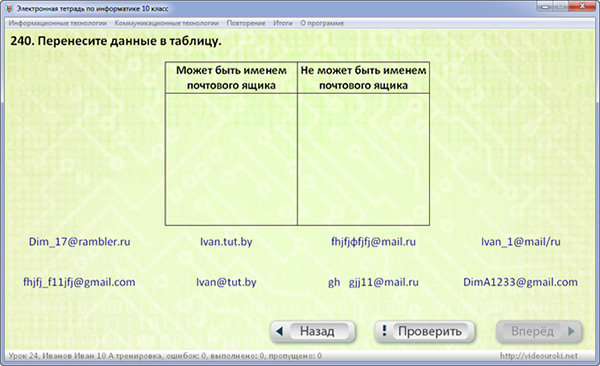 Верных ответов 2. Перенесите данные в таблицу. Электронная тетрадь 10 класс Информатика ответы. Перенесите данные в таблицу может быть именем почтового ящика. Электронная тетрадь по информатике 10 класс.